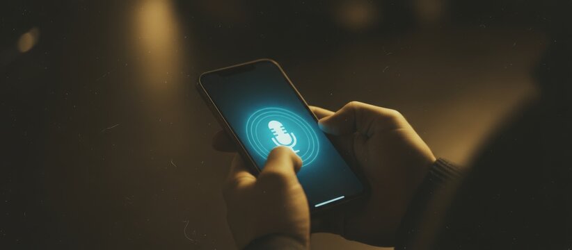 Person is using a smartphone, interacting with an artificial intelligence voice assistant through a microphone icon, leveraging modern technology for digital communication and control