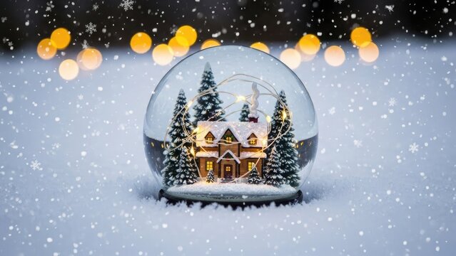 Snow globe with winter cabin and pine trees house