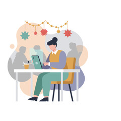 Professional woman working remotely on a laptop in a trendy cafe or coworking space