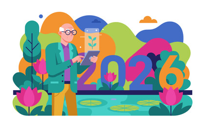 Elderly man using futuristic technology to monitor plant growth in 2026 Agriculture innovation