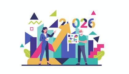 Corporate success planning for 2026 growth illustrated by bar charts and upward arrow