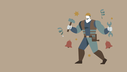 Strong handyman holding a hammer and wrench celebrates work success Tradesman service concept