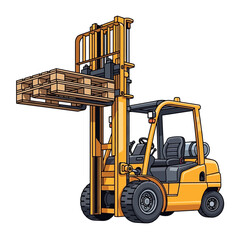 Yellow Forklift Truck Lifting Wooden Pallet.