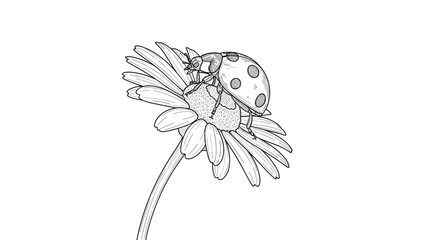 Obraz premium A beautifully detailed line art illustration of a ladybug with spots crawling on the petals of a delicate flower, depicting nature's small wonders.