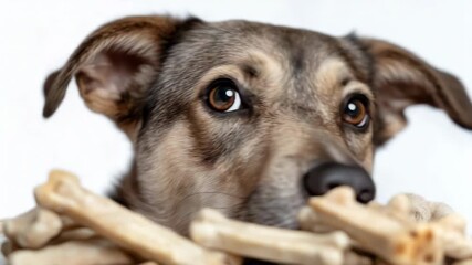 Curious puppy gazing over bones in anticipation and delightful alertness