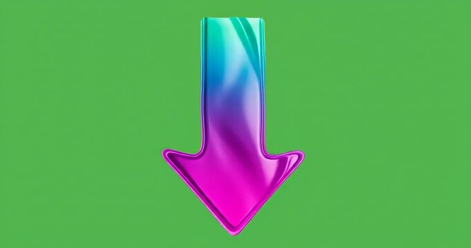 Glossy, iridescent, gradient down arrow icon against a vibrant green screen background for easy keying