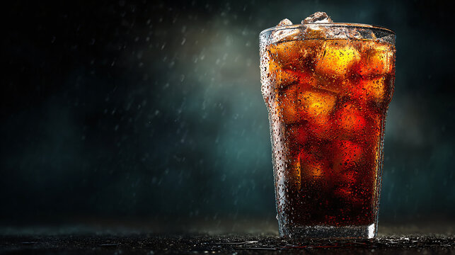 A refreshing glass of cola with ice cubes, ideal for quenching thirst on a hot day. The condensation on the glass creates a delightful visual
