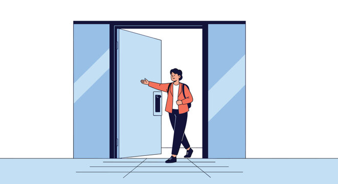A cheerful young man opens a glass door, stepping outside with a backpack, signifying a fresh start or a daily commute.