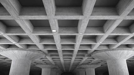 A stunning architectural detail of a concrete ceiling with a grid pattern. The symmetrical design creates a visually compelling and modern aesthetic. The pillars provide structural support.