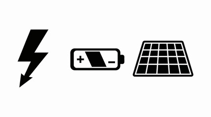 Renewable energy sources solar panel battery and lightning bolt icons in black