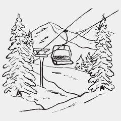 Naklejka na ściany i meble Hand drawn snowy alpine landscape with ski lift and pine trees, ideal for winter tourism themes. Vector sketch illustration in vintage crayon charcoal style