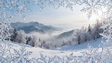Winter mountain landscape with snow covered trees and frost frame