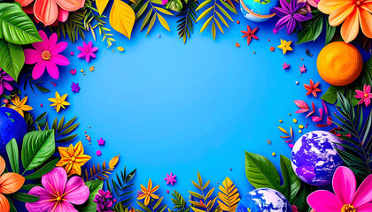 Vibrant Earth Day Frame with Flowers and Globes