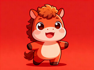 Naklejka premium A horse with a cheerful and cute cartoon image highlighted on a red background, representing the 2026 Chinese Lunar New Year.
