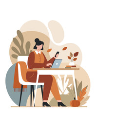 Professional woman working remotely on laptop and phone in a cozy autumnal setting
