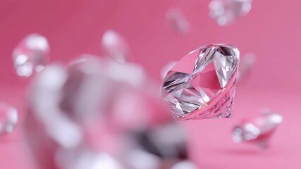 Sparkling diamonds tumble against soft pink backdrop in slow motion elegance
