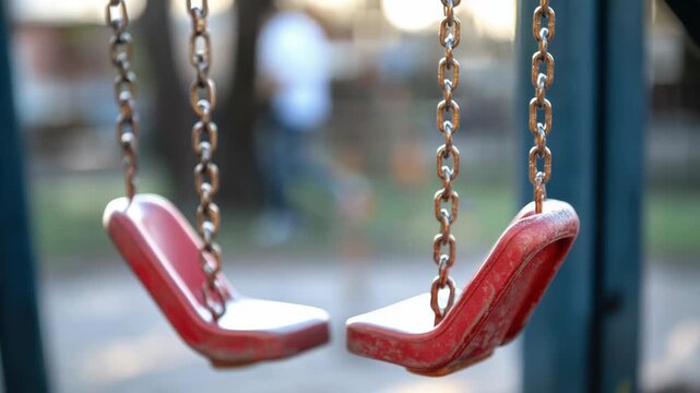 Video A pair of bright red shoes are suspended from rusty chains in a mysterious, urban setting
