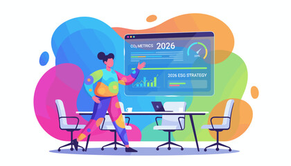 Professional presenting CO2 Metrics and 2026 ESG Strategy dashboard during a vibrant business meeting