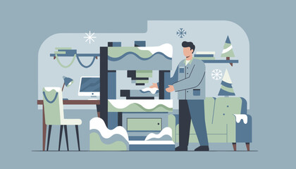 Man operating industrial press machine in a snowy festive holiday workshop Winter business concept