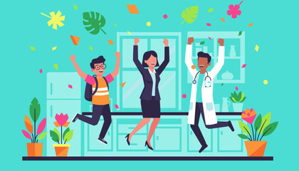 Diverse professionals celebrate career achievement with confetti and jumps