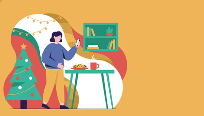 Woman checking her phone by the Christmas tree with coffee and cookies