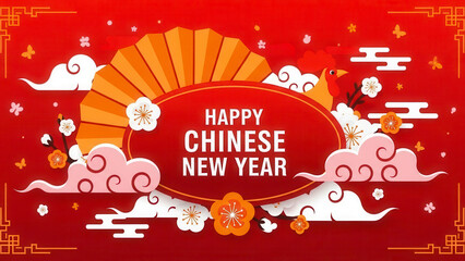 Vibrant red banner design celebrating happy chinese new year with traditional orange fan, pink and white clouds, plum blossom flower, and butterfly illustration