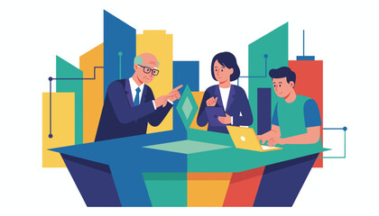 Multigenerational team collaborating on business strategy using technology Corporate teamwork and mentorship