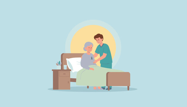 Male nurse caring for elderly woman in bed with a purple awareness ribbon symbolizing medical support