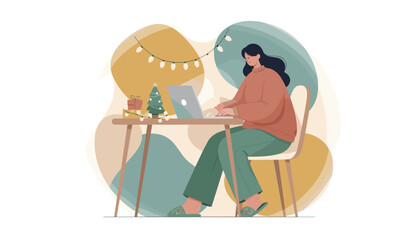 Holiday remote work Woman in cozy clothes typing on laptop at Christmas desk