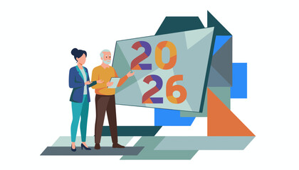 Two colleagues discuss 2026 projections and future business strategy Planning and goals concept