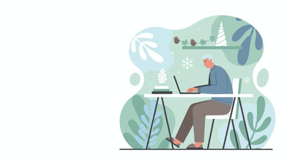 Senior man working on laptop at home office desk with winter holiday decorations Remote work concept