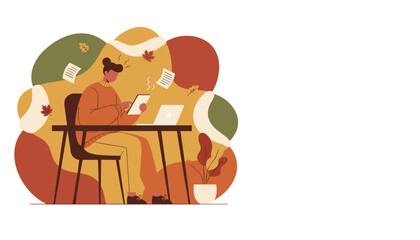 Fall productivity Remote worker at a desk using tablet laptop surrounded by autumn colors