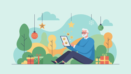 Elder man enjoying digital connection outdoors with tablet during the Christmas holidays