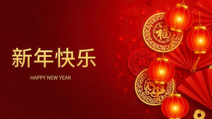Vibrant red background with glowing chinese lanterns and decorative gold medallions, featuring the traditional greeting happy new year in chinese characters for a festive celebration design