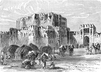 Kandahar Citadel, ancient military fortress in southern Afghanistan, important historical site from the Durrani Empire period, old vintage illustration, 1899