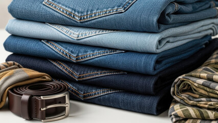 Stack of folded denim jeans and leather belt on white surface, perfect for fashion, retail, and lifestyle concepts, isolated on transparent background.