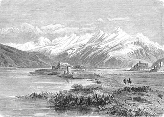 Kalai-Panj, historic fortress settlement along the upper Amu Darya river, strategic outpost in the Pamir mountain region, old vintage illustration, 1899