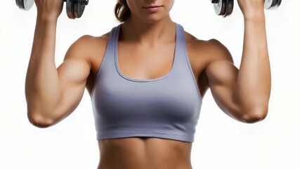 Focused female athlete demonstrating dumbbell curl exercise for strength training and fitness