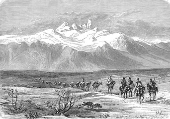 Bogda-Ola, sacred mountain peak in the eastern Tian Shan range, revered in local spiritual traditions, old vintage illustration, 1899