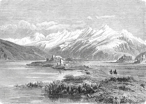 Kalai-Panj, historic fortress settlement along the upper Amu Darya river, strategic outpost in the Pamir mountain region, old vintage illustration, 1899