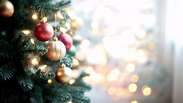 Winter holiday celebration concept. Christmas New Year. A closeup of a Christmas tree adorned with ornaments, set against a bokeh background of lights. The trees branches are visible. - Powered by Adobe