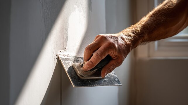 Close-up of male homeowner sanding patched drywall in preparation for painting during home renovation