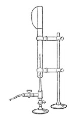 Laboratory apparatus, including a burner setup with detailed supporting stands, valves, and tubing, old vintage illustration, 1897