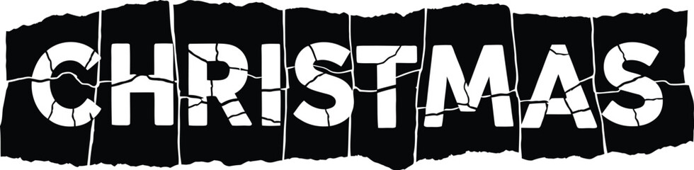 Black and white fragmented word CHRISTMAS with cracked effect christmas text