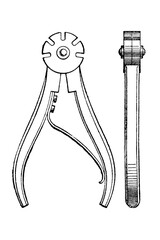 Detailed black-and-white illustration of a mechanical brake calliper, showcasing front and side views with intricate linework and technical design, old vintage illustration, 1897.