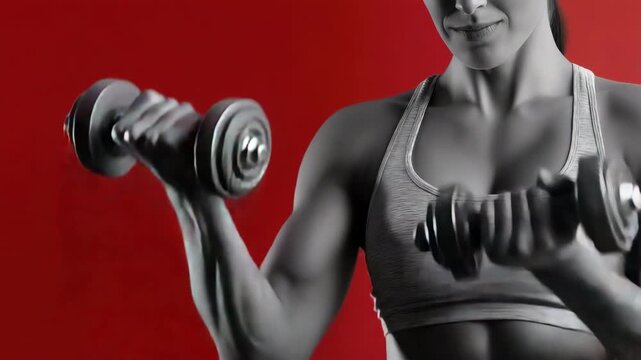 Focused woman lifting dumbbells against a bold red background in fitness routine