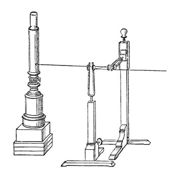 Line drawing of a vintage experimental setup with a vertical tube and scale, showcasing intricate mechanical details, old vintage illustration, 1897.