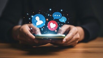 Person using smartphone with social media icons overlayed in a dark setting