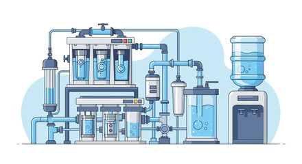 A comprehensive illustration of a multi-stage water purification system with interconnected filters and tanks, providing clean water to a modern dispenser.