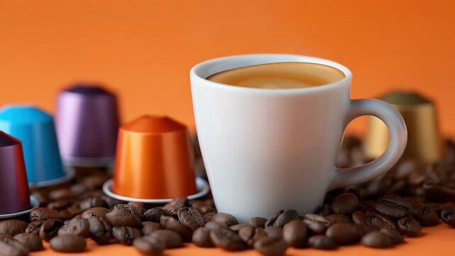 Coffee capsules arranging around a steaming cup amid rich brown beans